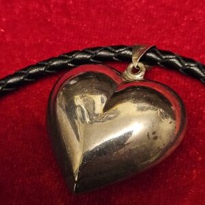 VTG Sterling 925 Oversized Puffed Heart Pendant On Black Braided Leather Cord